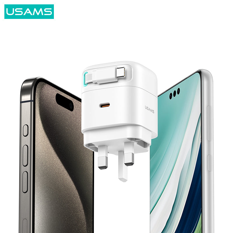 USAMS US-CC204 XMF Series PD 35W Dual Output GaN Fast Charger with Type-C Magnetic Retractable Cable Module, UK Plug USAMS US-CC204 XMF Series PD 35W Dual Output GaN Fast Charger with Type-C Magnetic Retractable Cable Module, UK Plug